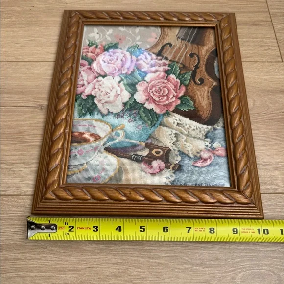 Vintage Framed Needlepoint Violin Flowers Floral Cross Stitch Art Wall - Picture 7 of 8